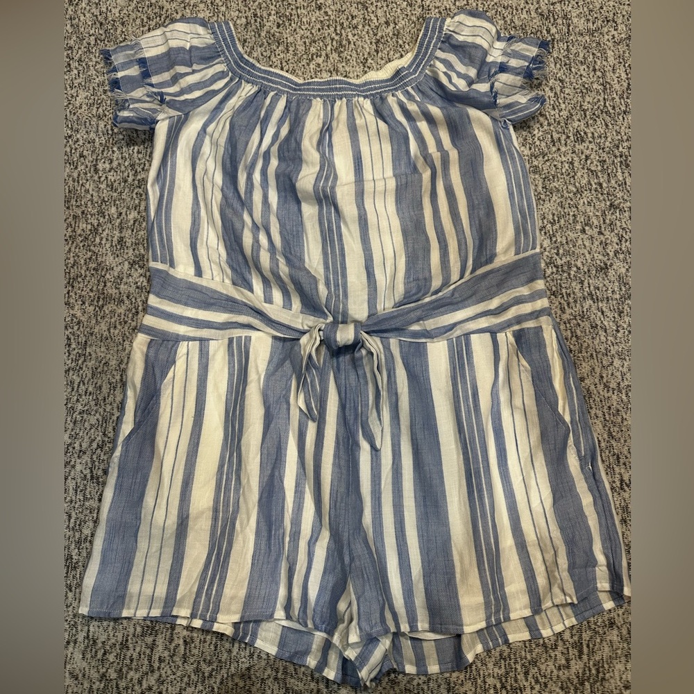 Vineyard Vines Striped Blue/White Ladies XL Romper, NWT Tie Front, Off-shoulder